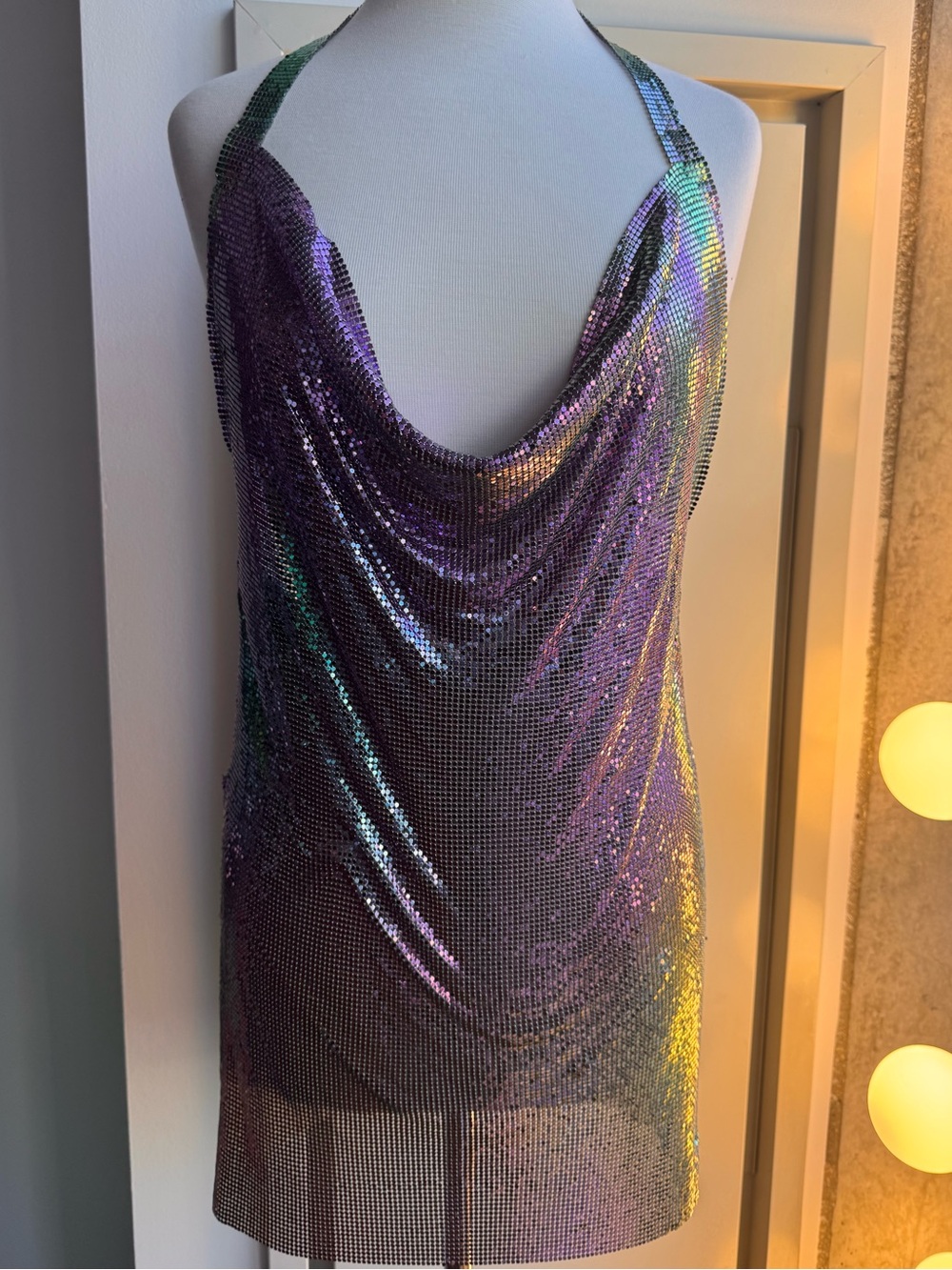 Purple Green Chain Mail Halter Mini Low Back Dress